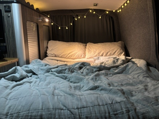 Cosy campervan interior at night